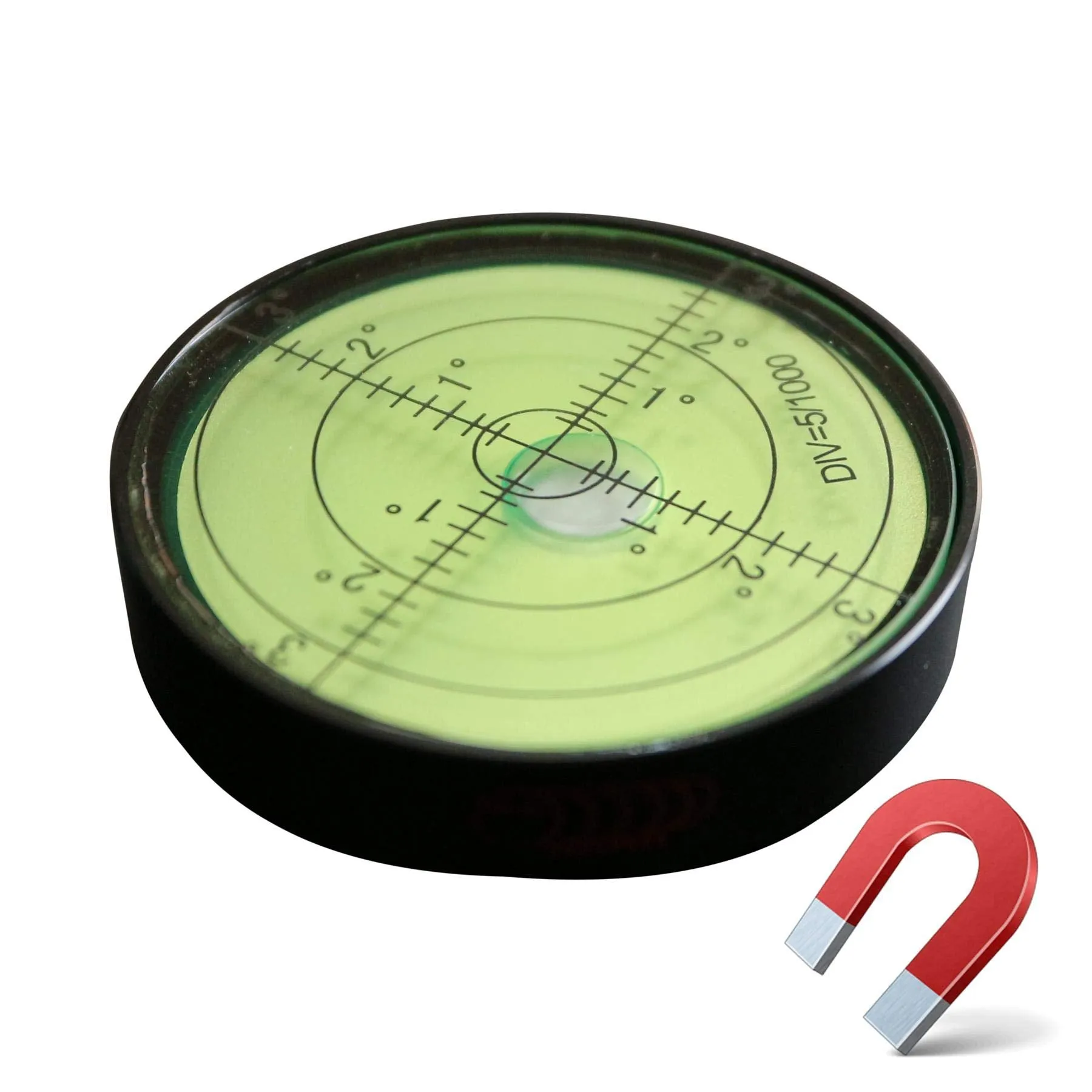 Magnetic Metal Large Spirit Bubble Level 60mm Diameter, 2 23/64, Degrees, Circular, Surface Level - Metal Housing, Bulls Eye Bullseye Vial Round, Green/Black