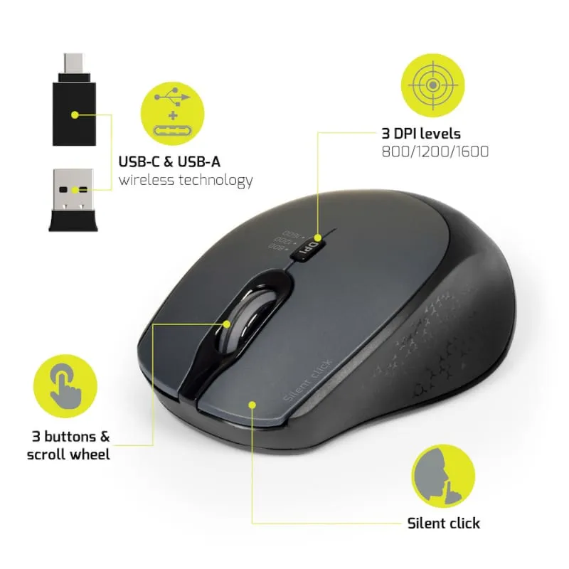Port Wireless Silent 3600Dpi 3 Button Usb And Type-C Dongle Mouse - Black